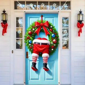 1pc Festive Modern Polyester Santa Claus Wreath - Durable 35.4"x70.9" Door Hanging Decoration for Indoor & Outdoor, New Year's Festive Decor, No Power Needed