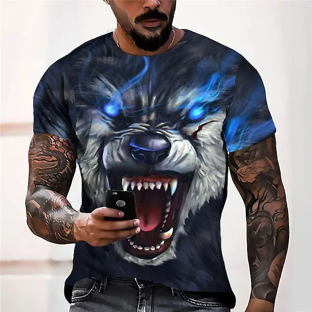 3D Wolf Graphic Men's T-Shirt | Casual Green Summer Cotton Tee with Crew Neck | Outdoor Streetwear Apparel