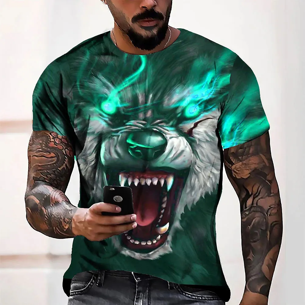 3D Wolf Graphic Men's T-Shirt | Casual Green Summer Cotton Tee with Crew Neck | Outdoor Streetwear Apparel