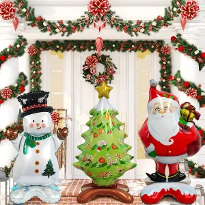 3pcs Christmas Decoration Balloons Set - Santa, Snowman & Tree Designs in Red, White, Green & Silvery - Perfect for Holiday Parties, Indoor & Outdoor Festive Decor