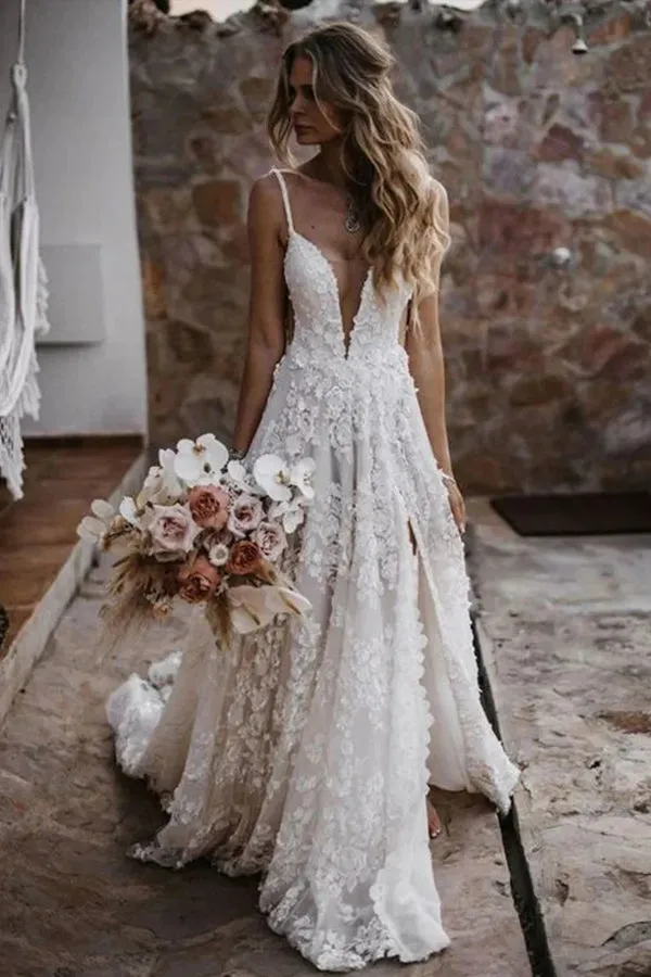 A-Line Straps Lace Beach Wedding Dress Boho Bridal Gown With Split WD657