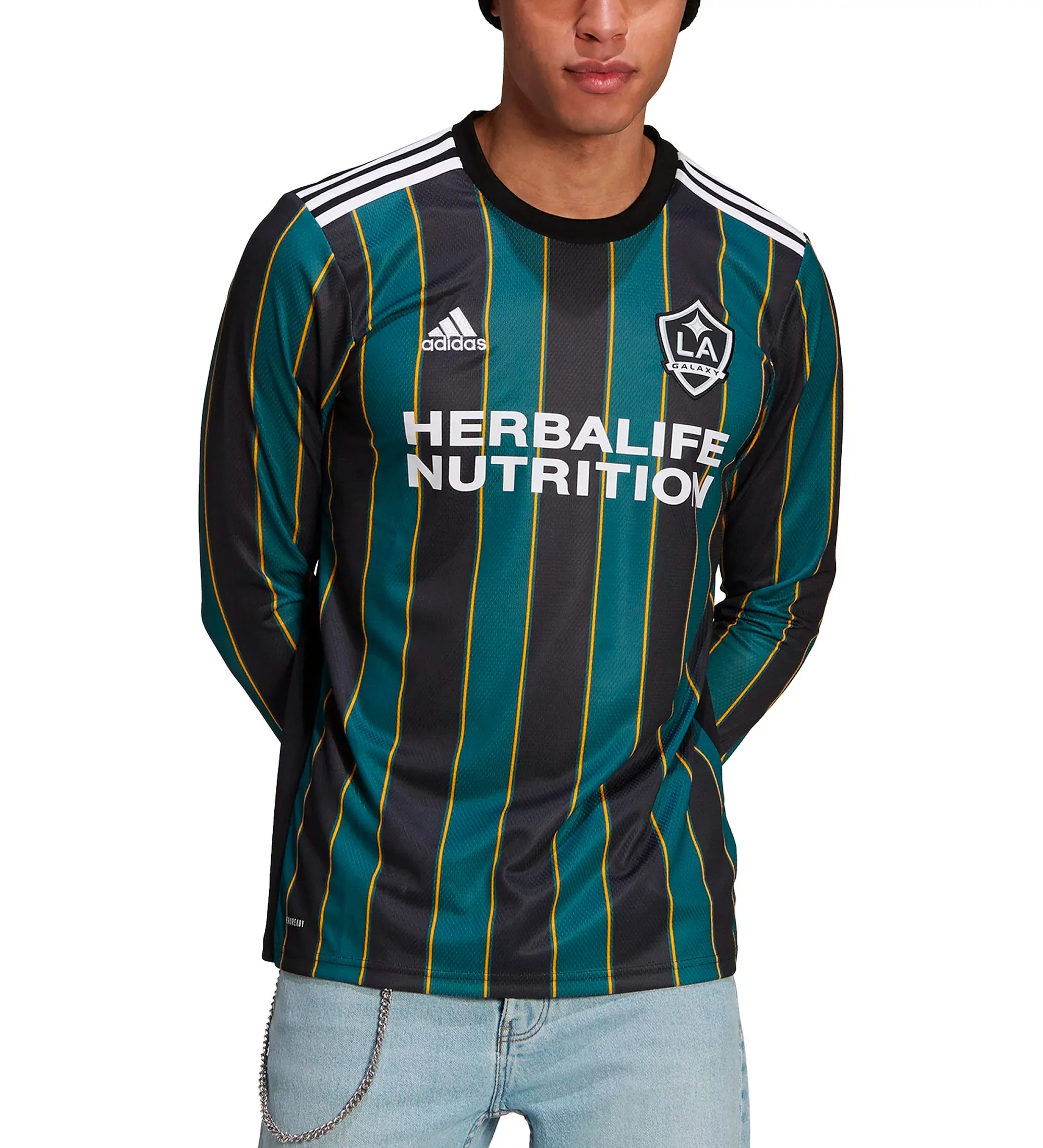 adidas Men's LA Galaxy 2021 Long Sleeve Away Jersey Black/Tech Green