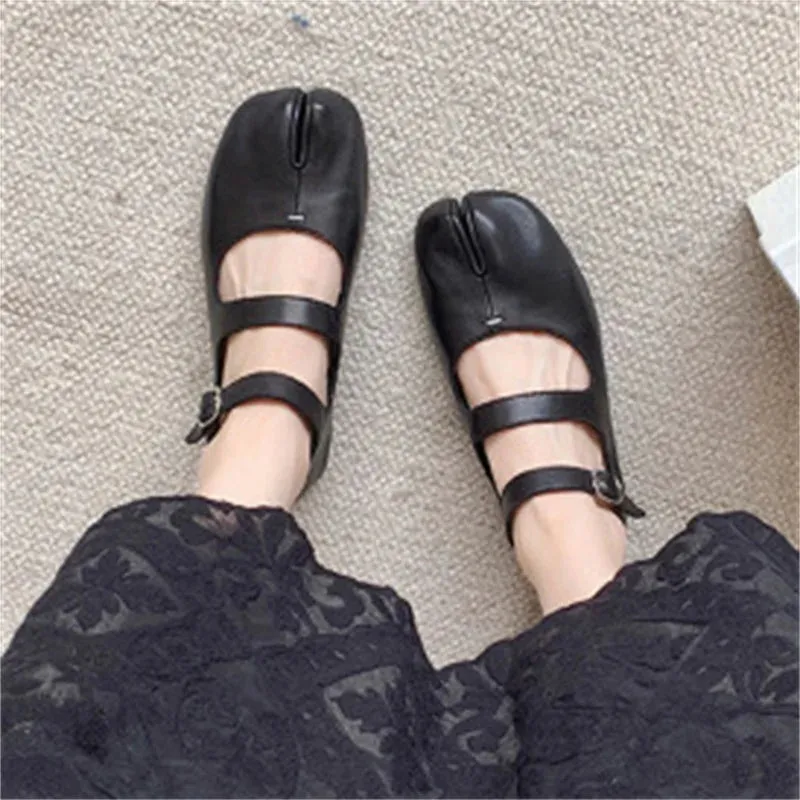 Aiertu Back  to school Designer Split Toe Flats Shoes Buckle Strap Women Comfort Bottom Ballerina Shoes Soft Leather Solid Outdoor Footwear