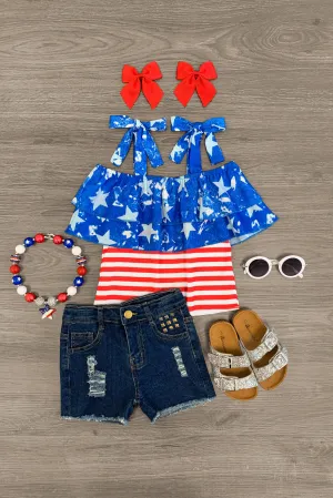 American Flag Cold Shoulder Denim Short Set