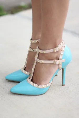 Aqua Studded Strappy Heels