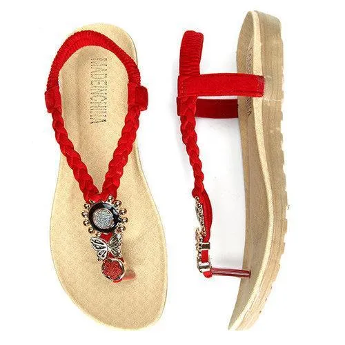 Bead Butterfly Sun Clip Toe Flat Slip On Elastic Sandals