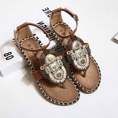 Bohemia Rhinestone Clip Toe Solid Buckle Strap Sandals