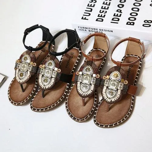 Bohemia Rhinestone Clip Toe Solid Buckle Strap Sandals