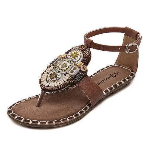 Bohemia Rhinestone Clip Toe Solid Buckle Strap Sandals