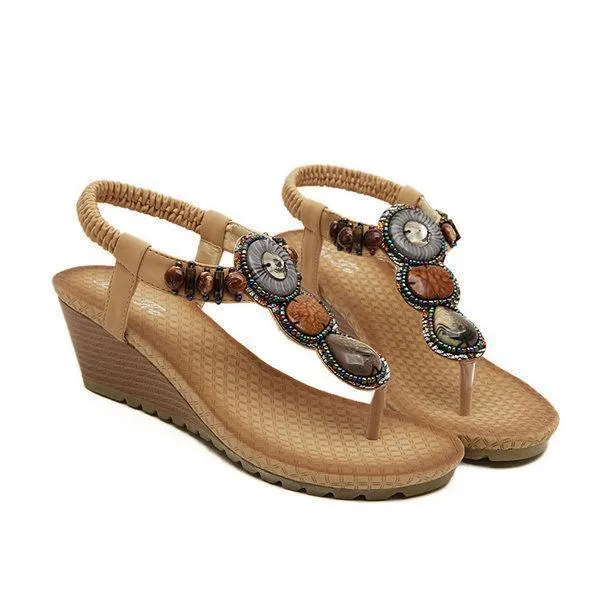 Bohemian Bead Clip Toe Elastic Wedge Heel Beach Flip Flops Sandals