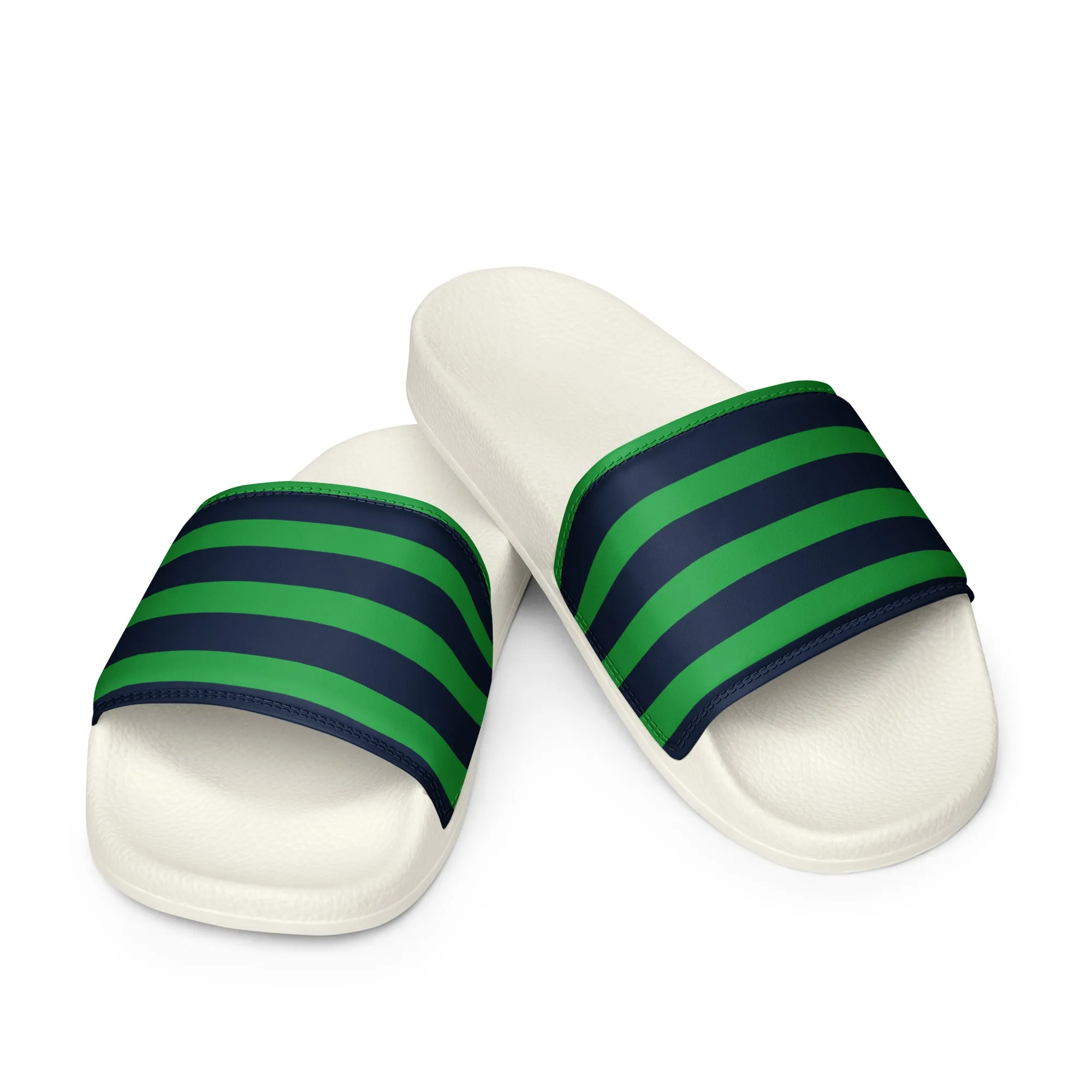 Classic Navy Blue and Green Beach Stripes Men’s Slides