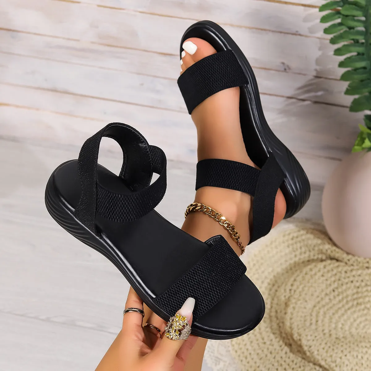 Color-block Elastic Sandals Summer Fish Mouth Flat Shoes  For Women