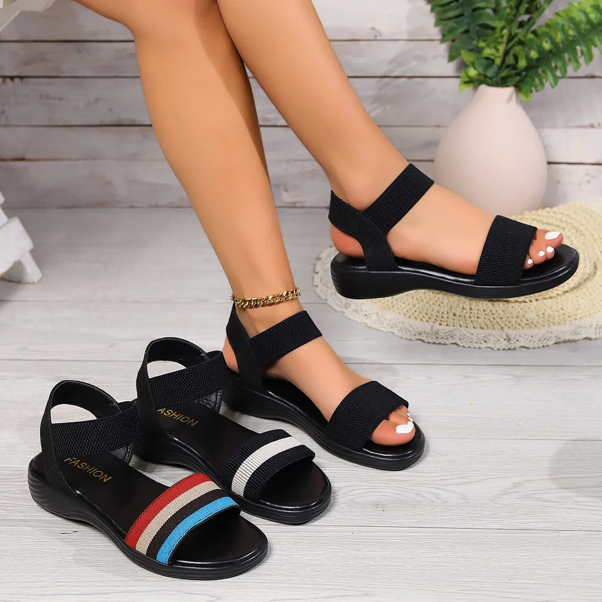 Color-block Elastic Sandals Summer Fish Mouth Flat Shoes  For Women