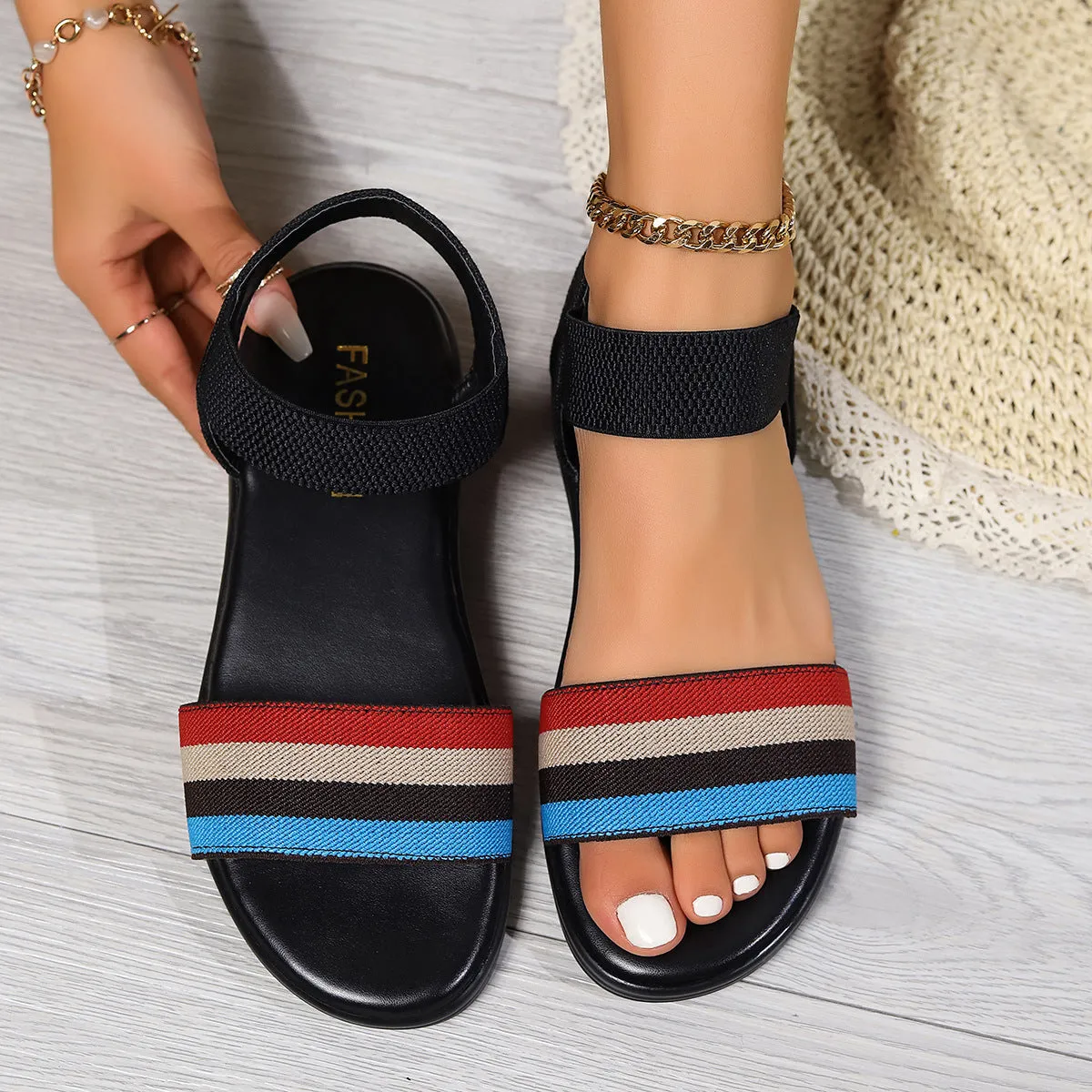 Color-block Elastic Sandals Summer Fish Mouth Flat Shoes  For Women