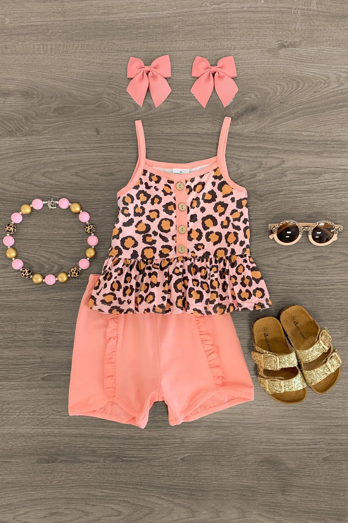 Coral Leopard Peplum Short Set