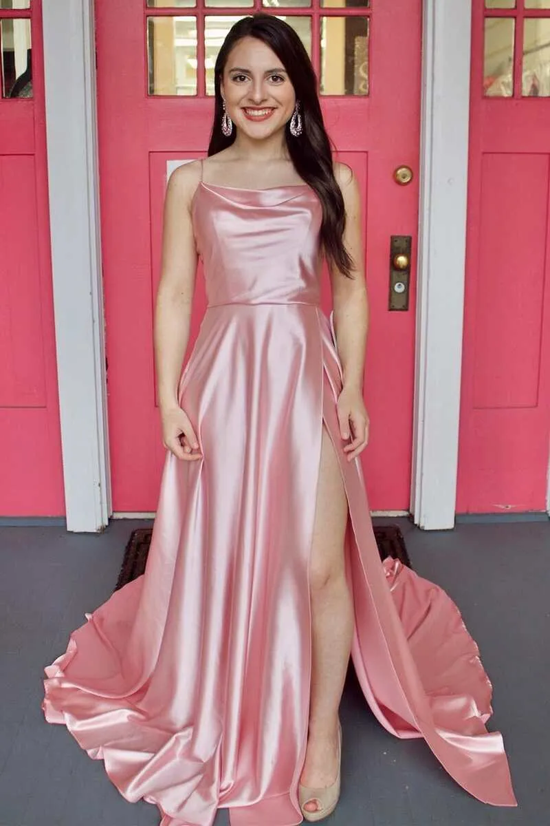 Cowl Neck Green Satin A-Line Formal Dress with Slit,Unique Prom Gown