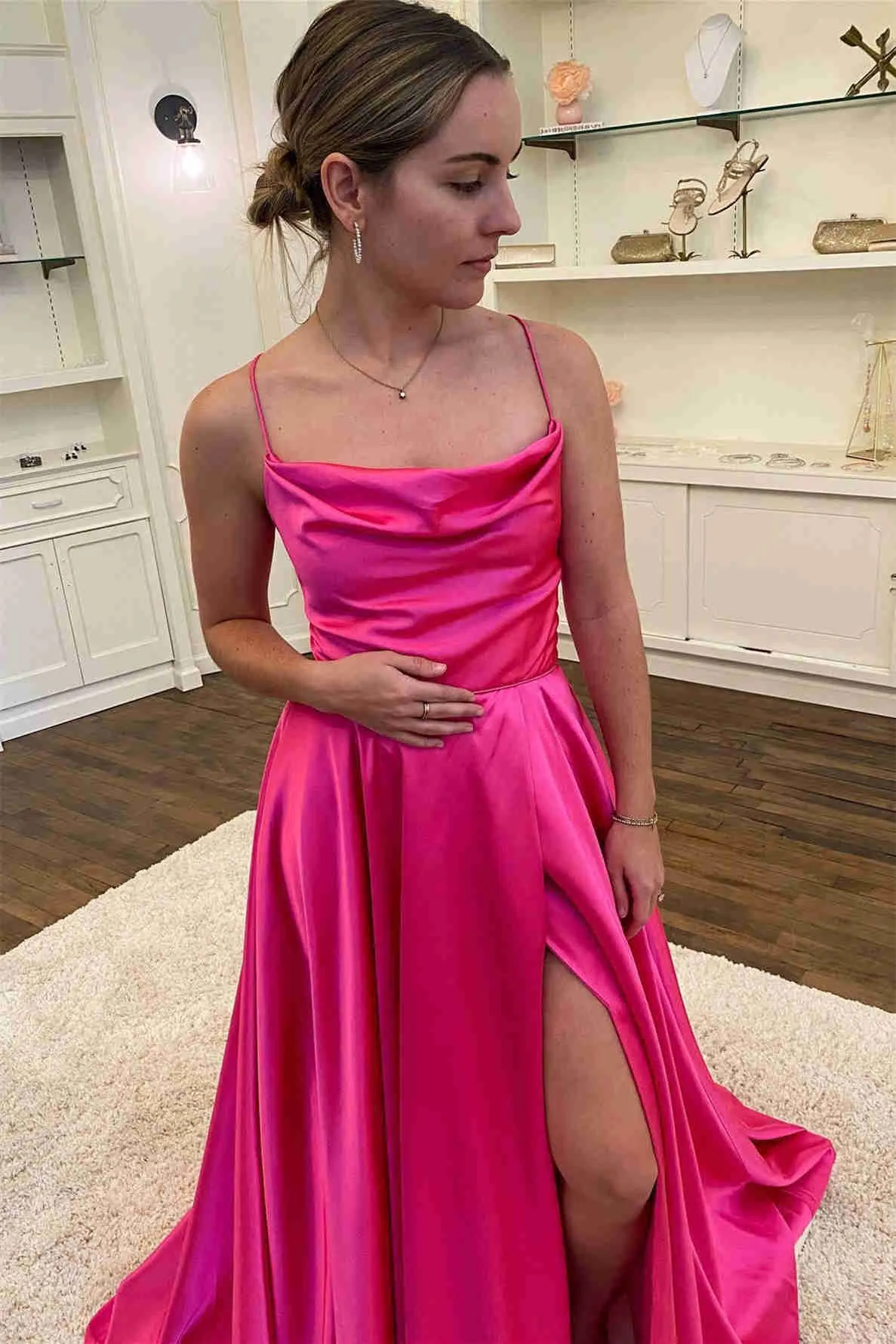 Cowl Neck Green Satin A-Line Formal Dress with Slit,Unique Prom Gown