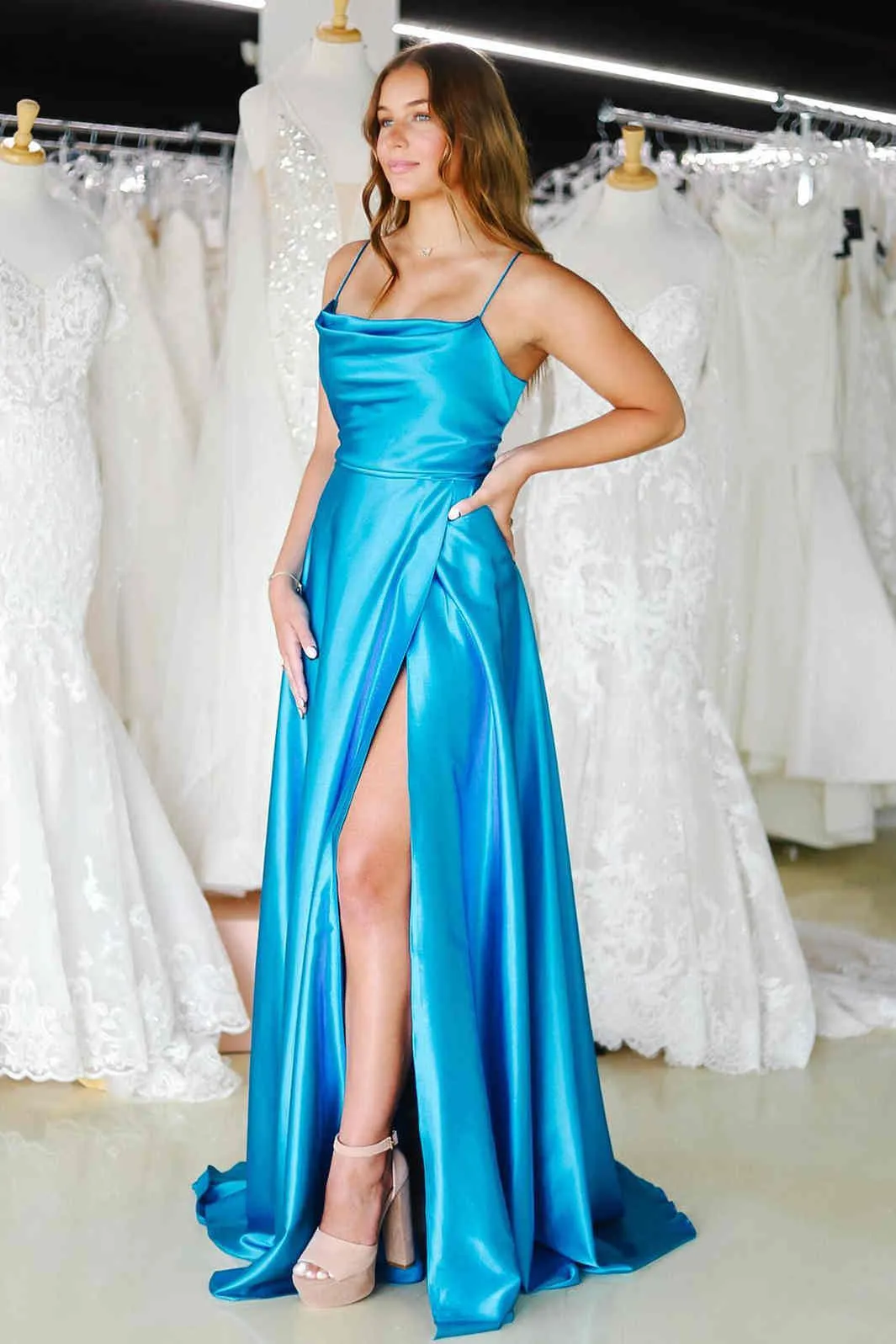 Cowl Neck Green Satin A-Line Formal Dress with Slit,Unique Prom Gown