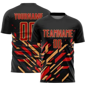 Custom Black Red-Old Gold Lines Sublimation Soccer Uniform Jersey