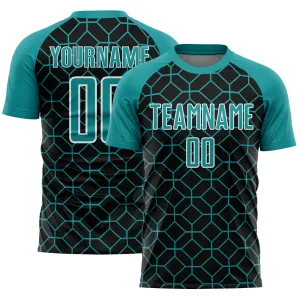 Custom Black Teal-White Geometric Shapes Sublimation Soccer Uniform Jersey