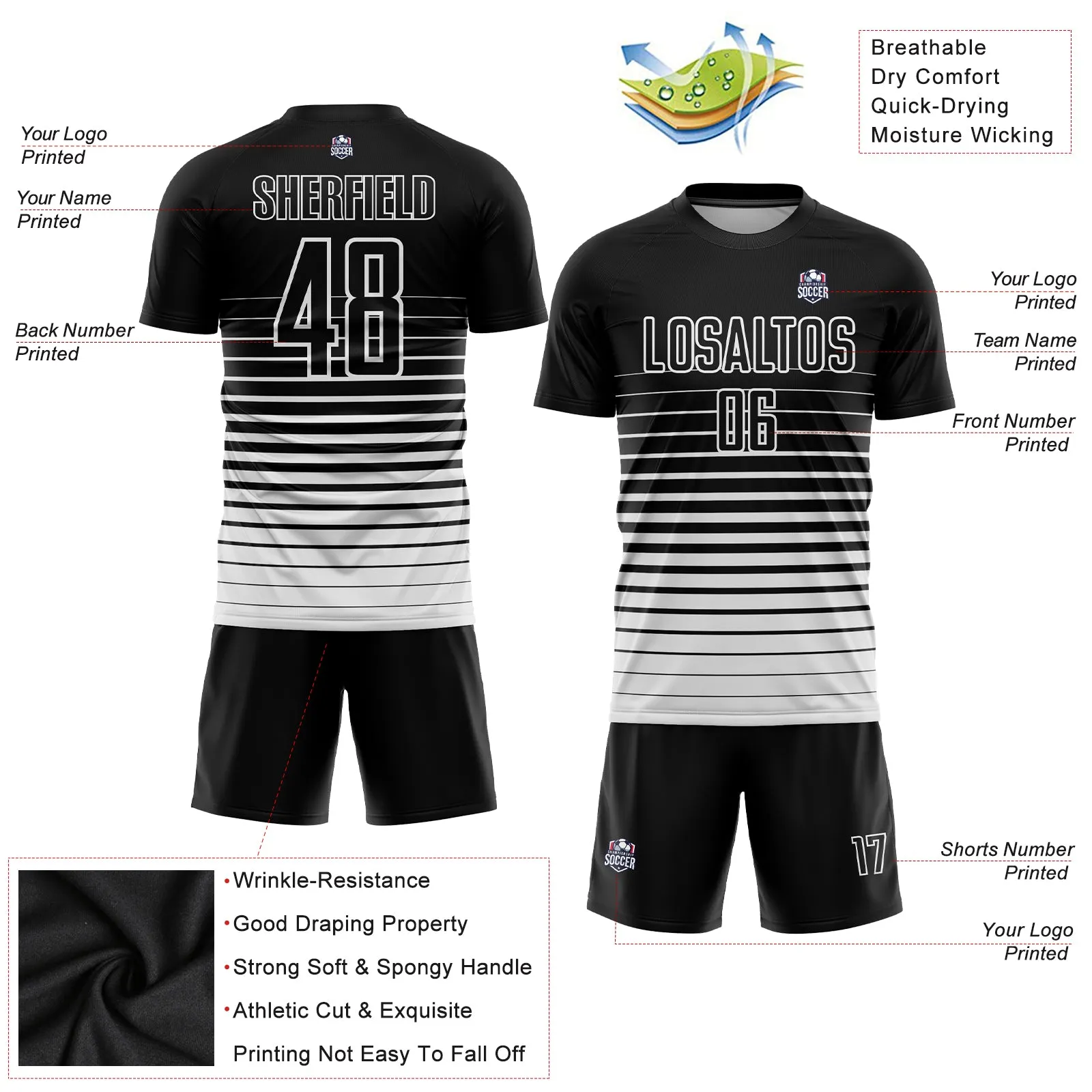 Custom Black White Pinstripe Fade Fashion Sublimation Soccer Uniform Jersey