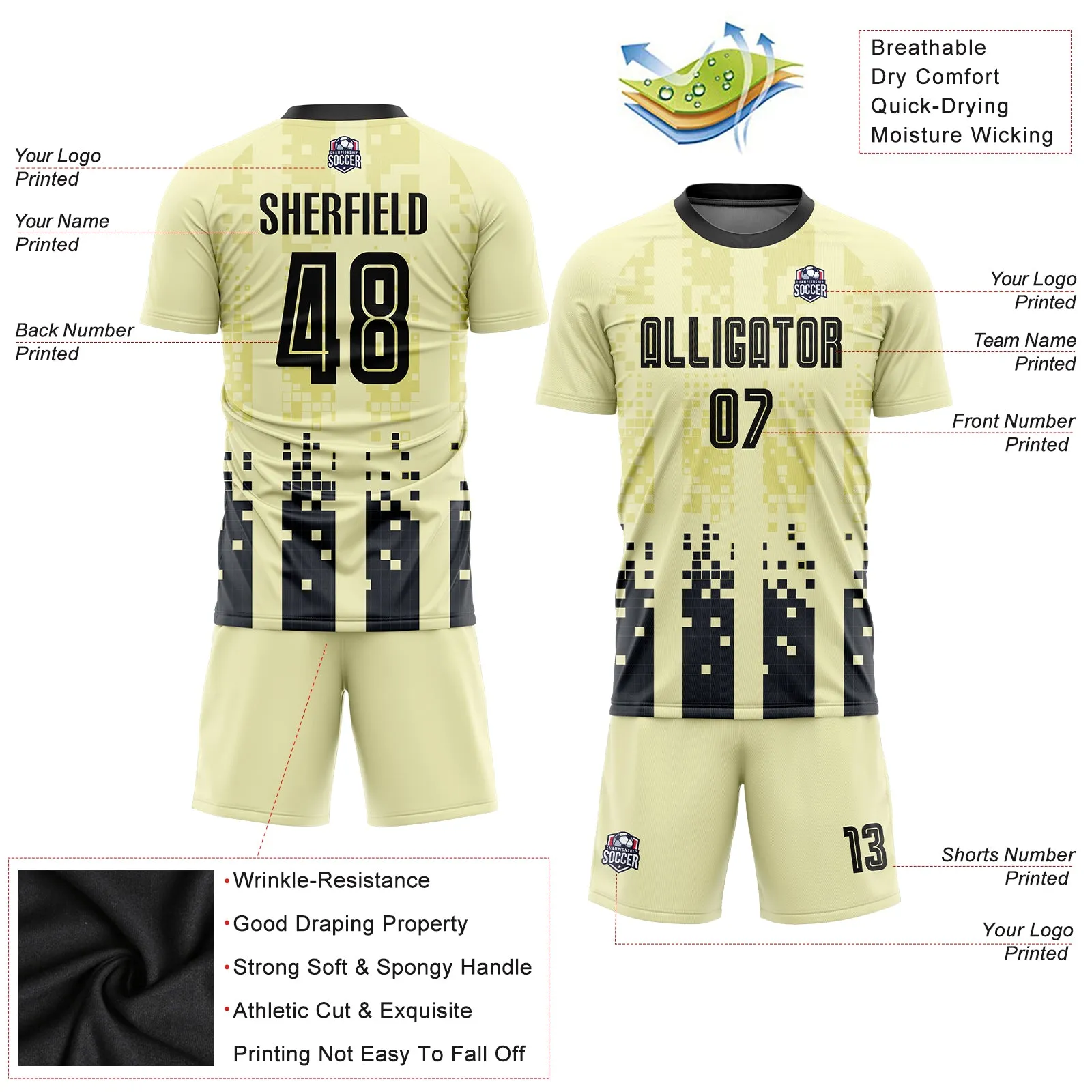 Custom Cream Black Home Sublimation Soccer Uniform Jersey