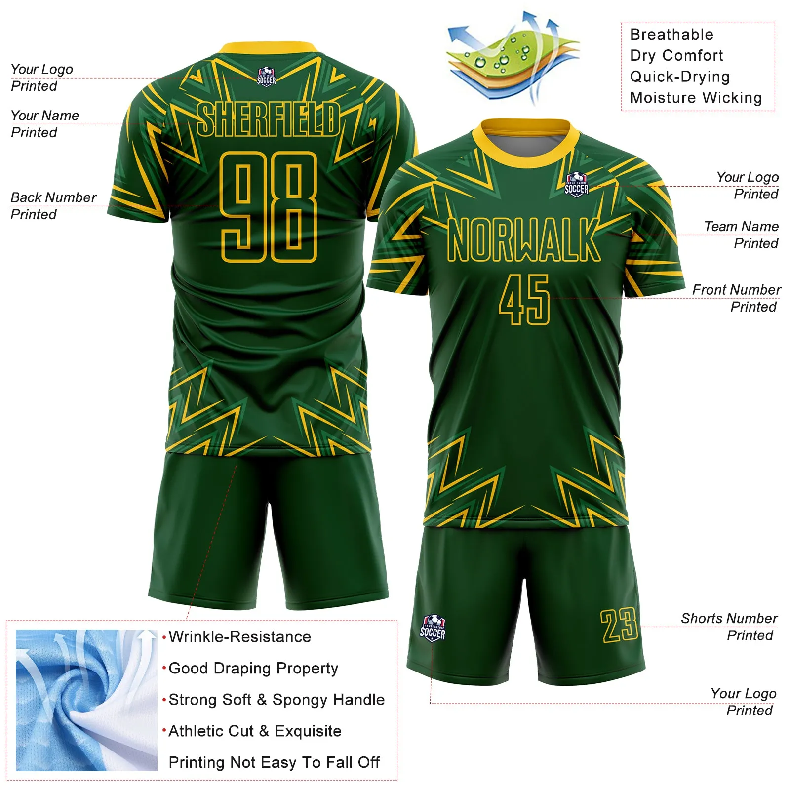 Custom Green Yellow Geometric Shapes Sublimation Soccer Uniform Jersey