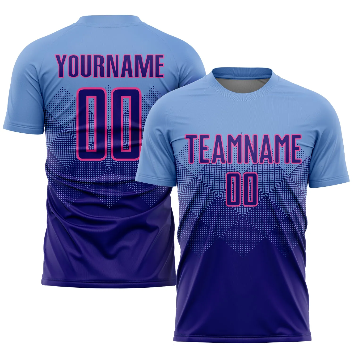 Custom Light Blue Dark Purple-Pink Sublimation Soccer Uniform Jersey