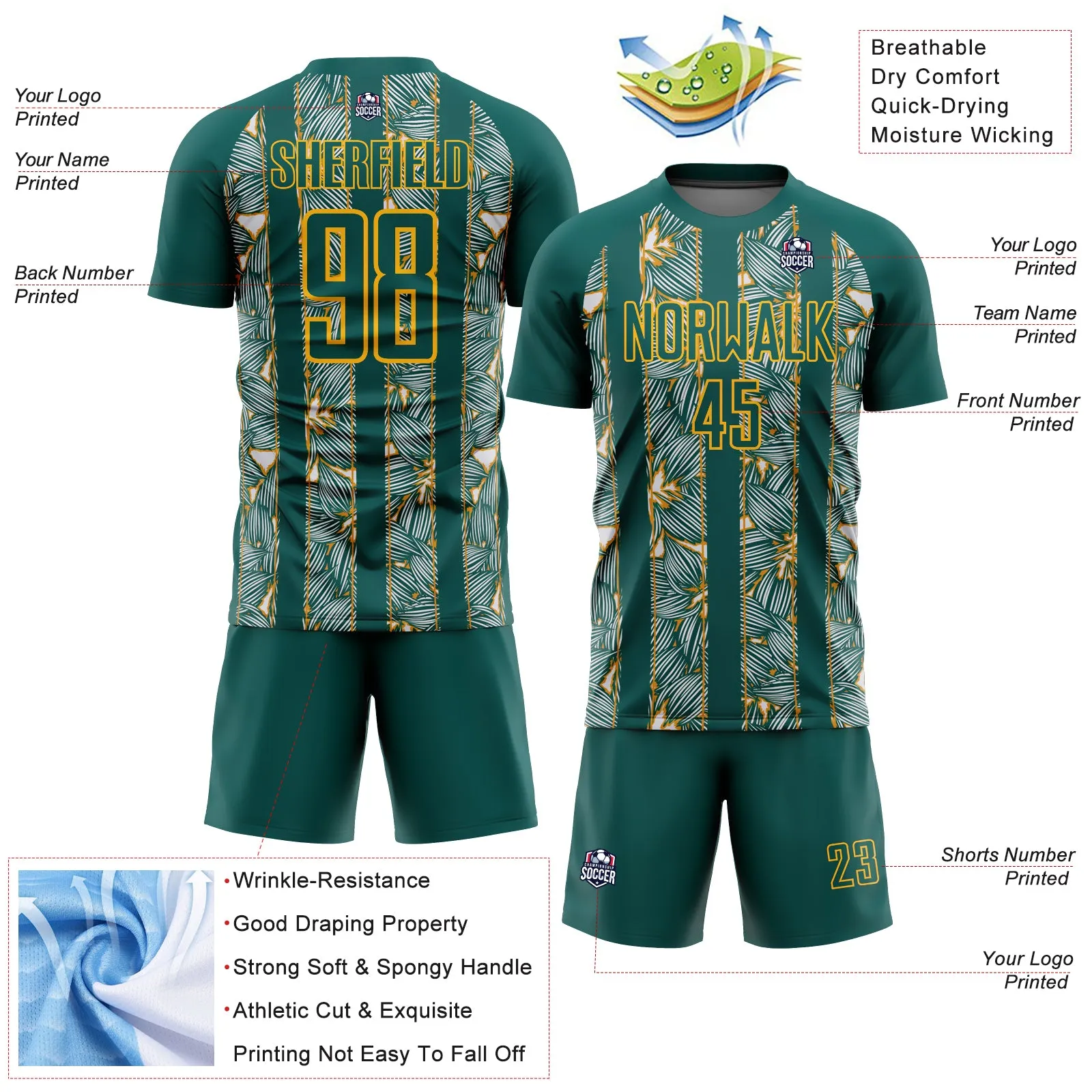 Custom Midnight Green Gold Flowers Sublimation Soccer Uniform Jersey