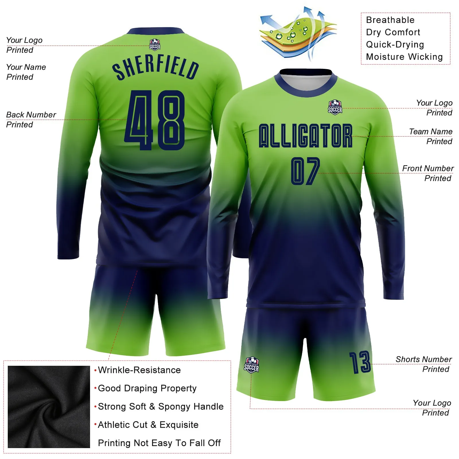 Custom Neon Green Navy Sublimation Long Sleeve Fade Fashion Soccer Uniform Jersey