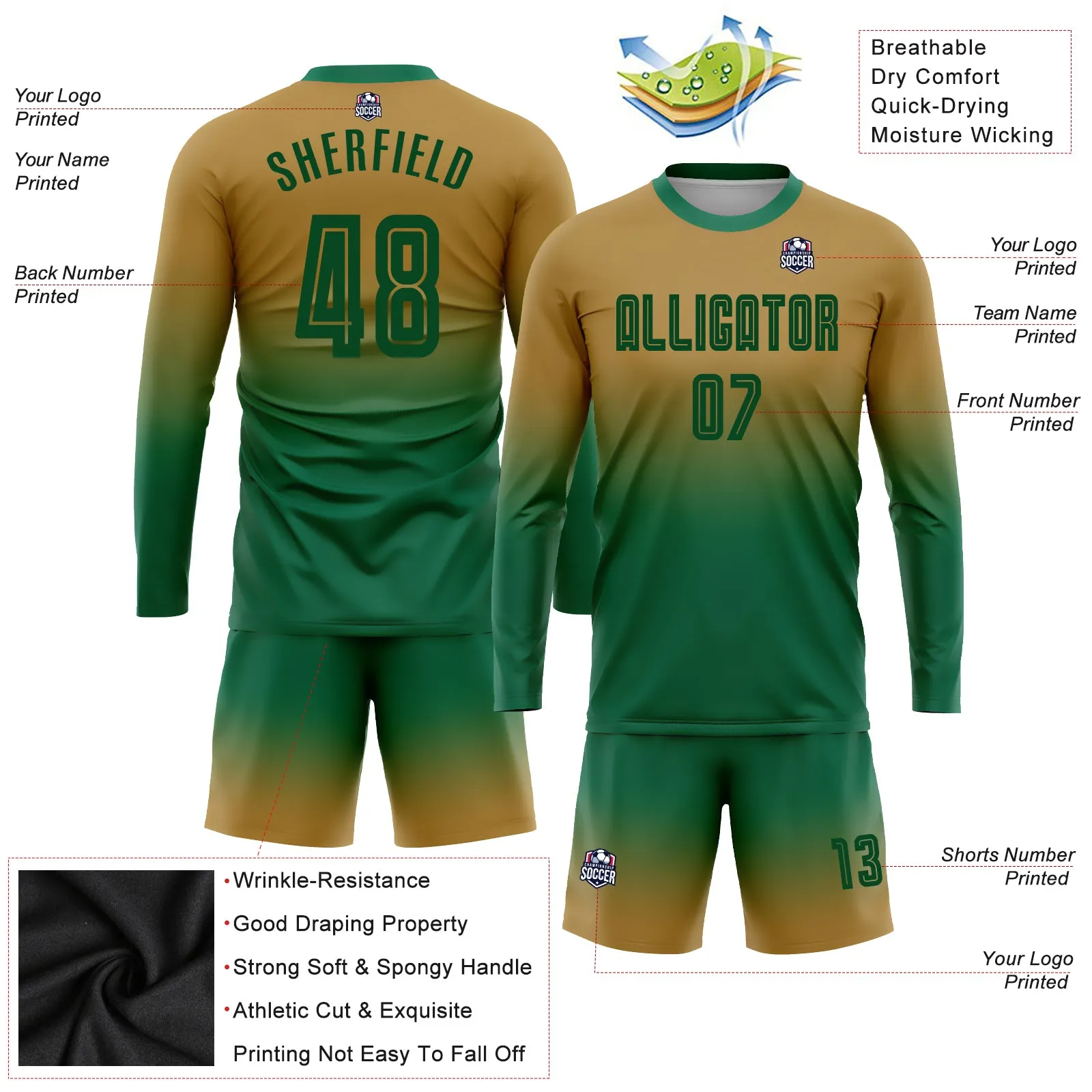 Custom Old Gold Kelly Green Sublimation Long Sleeve Fade Fashion Soccer Uniform Jersey