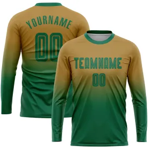 Custom Old Gold Kelly Green Sublimation Long Sleeve Fade Fashion Soccer Uniform Jersey