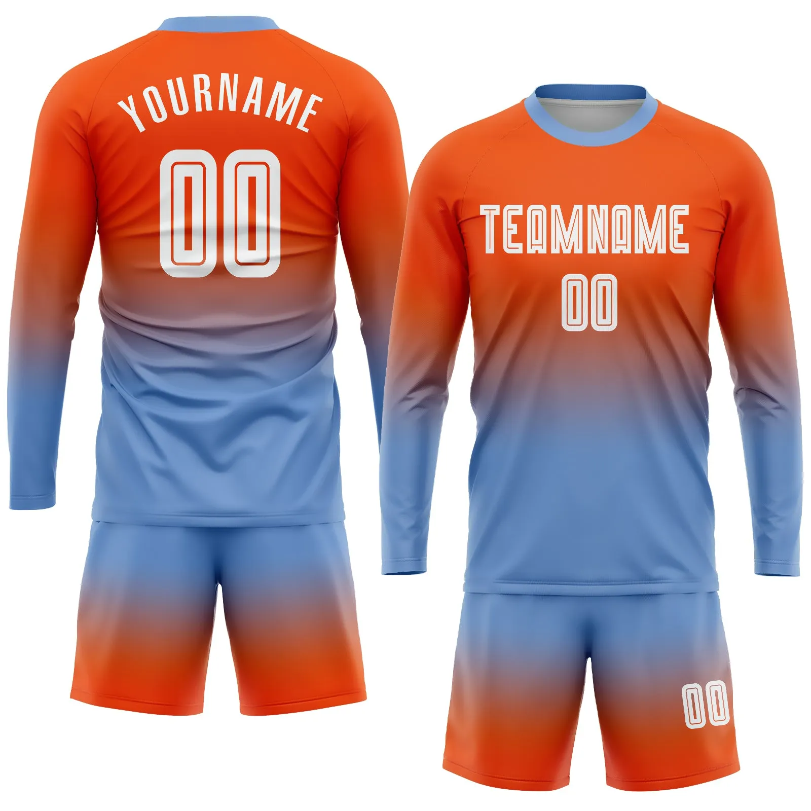 Custom Orange White-Light Blue Sublimation Long Sleeve Fade Fashion Soccer Uniform Jersey