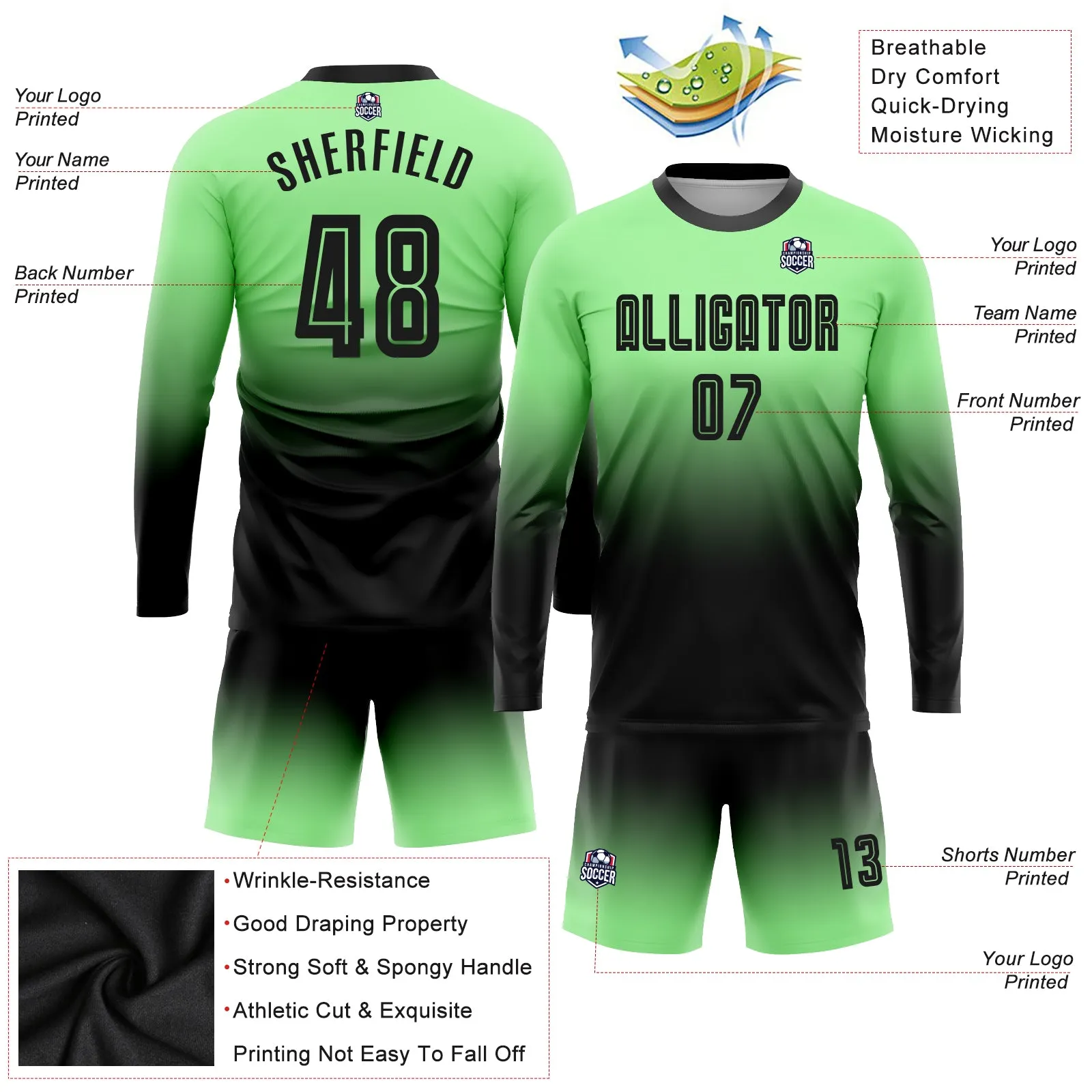 Custom Pea Green Black Sublimation Long Sleeve Fade Fashion Soccer Uniform Jersey