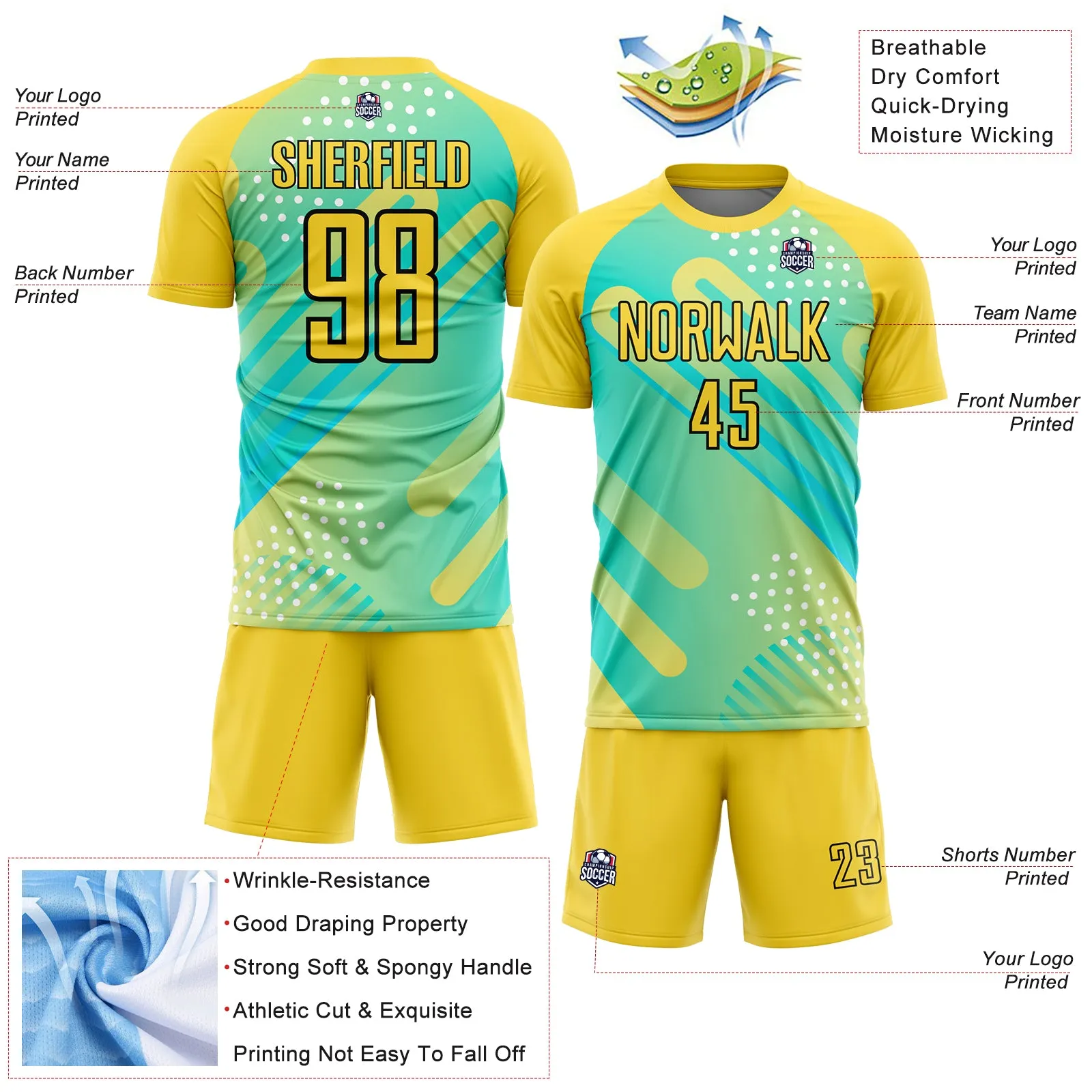 Custom Pea Green Yellow-Black Abstract Shapes Sublimation Soccer Uniform Jersey