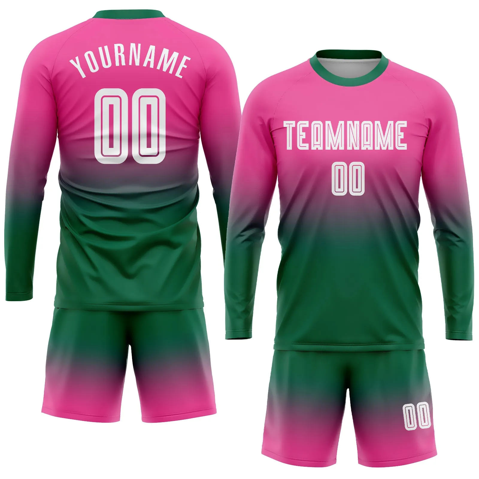 Custom Pink White-Kelly Green Sublimation Long Sleeve Fade Fashion Soccer Uniform Jersey