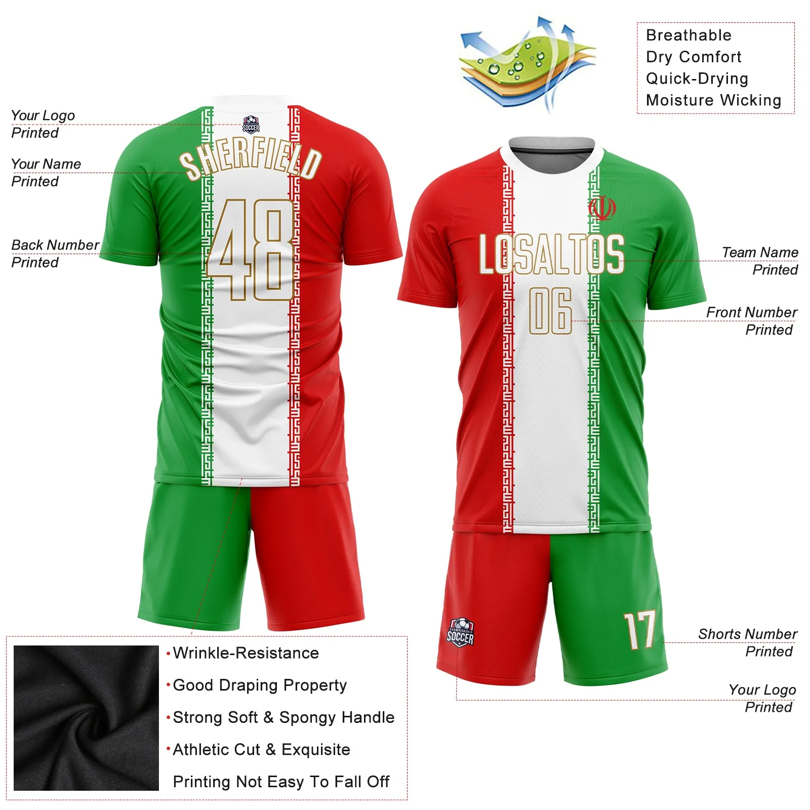 Custom Red White Kelly Green-Old Gold Sublimation Iranian Flag Soccer Uniform Jersey