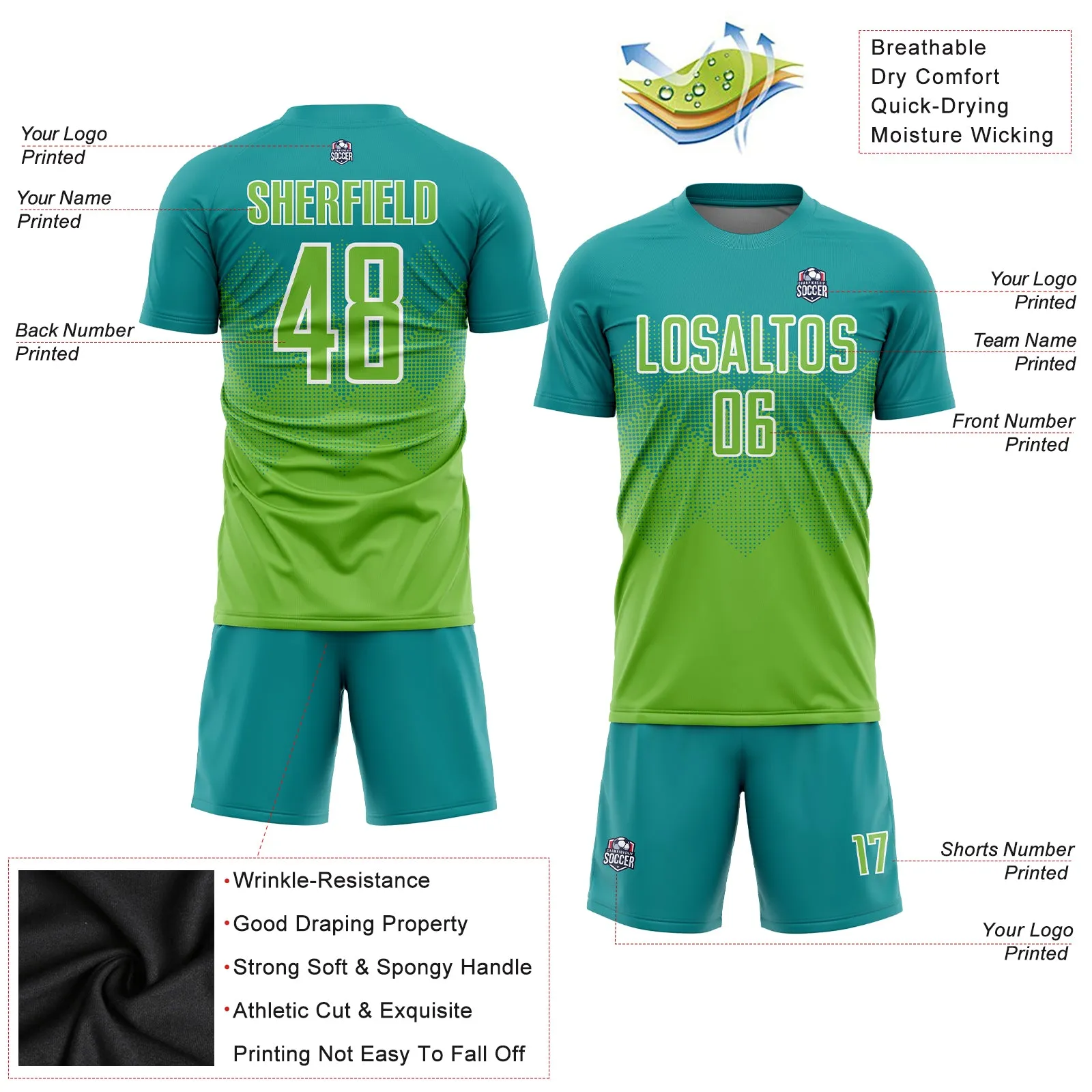 Custom Teal Neon Green-White Sublimation Soccer Uniform Jersey