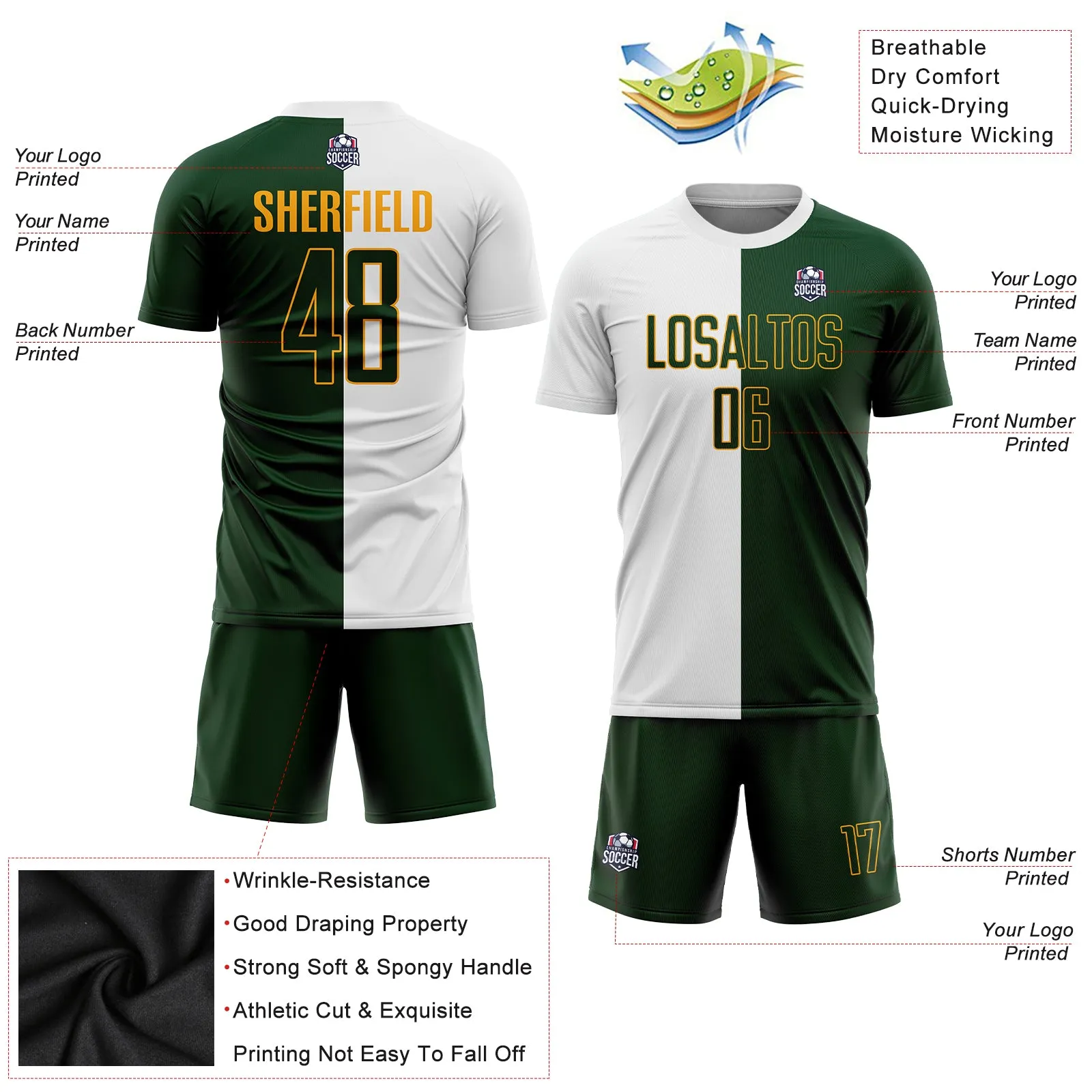 Custom White Green-Gold Sublimation Split Fashion Soccer Uniform Jersey