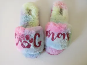 DOG MOM Fur slide /Dogmom furry shoes  rainbow slide shoes