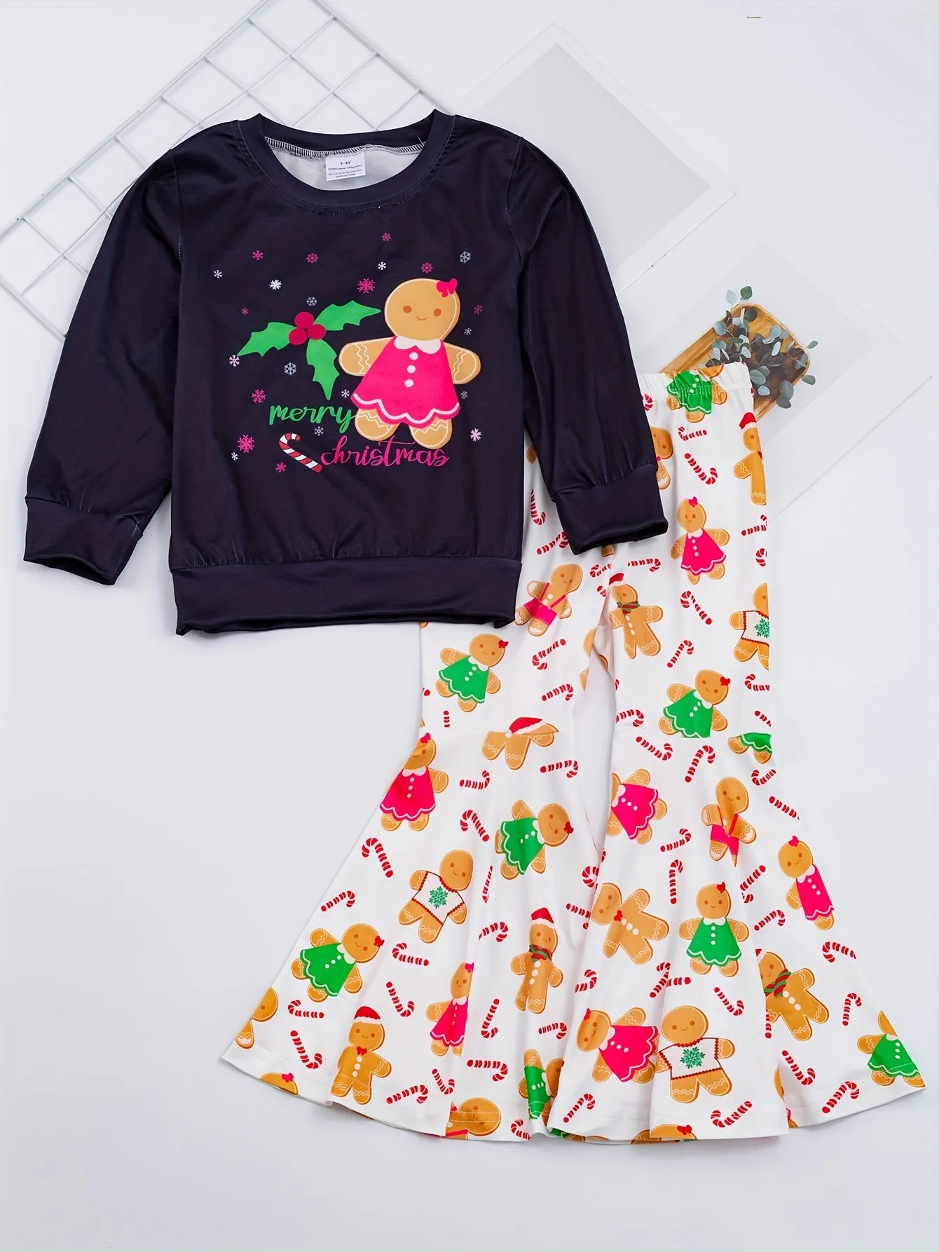 Girls' 2-piece Sets, BELIEVE And Santa Claus Print Pullover   Leopard Print Flare Pants, Autumn outdoor Clothes Christmas