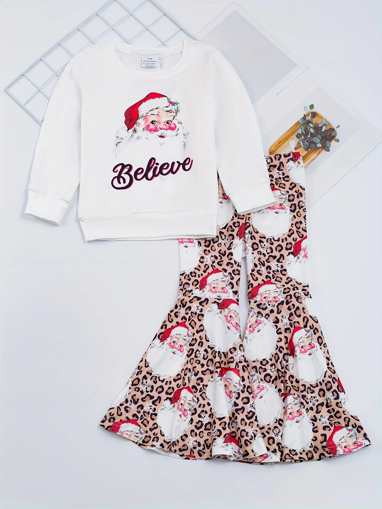 Girls' 2-piece Sets, BELIEVE And Santa Claus Print Pullover   Leopard Print Flare Pants, Autumn outdoor Clothes Christmas