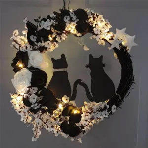 Halloween Moon Door Wreath with Light, Black Cat Wreath Decorations for Front Door, Spooky Outdoor Indoor Home Holiday Party Window Wall Decor