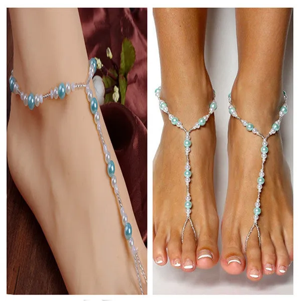 Handmade Blue Pearls Barefoot Sandals Set, Beach Wedding Anklet