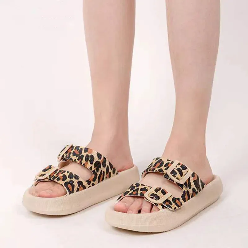 Hnzxzm Fashion Leopard Print Cloud Slippers for Women Summer Adjustable Buckle Pillow Slides Woman Thick Bottom Non-Slip Beach Shoes