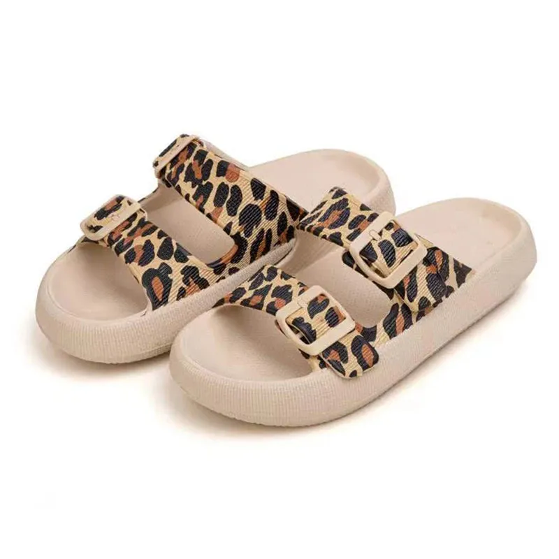 Hnzxzm Fashion Leopard Print Cloud Slippers for Women Summer Adjustable Buckle Pillow Slides Woman Thick Bottom Non-Slip Beach Shoes