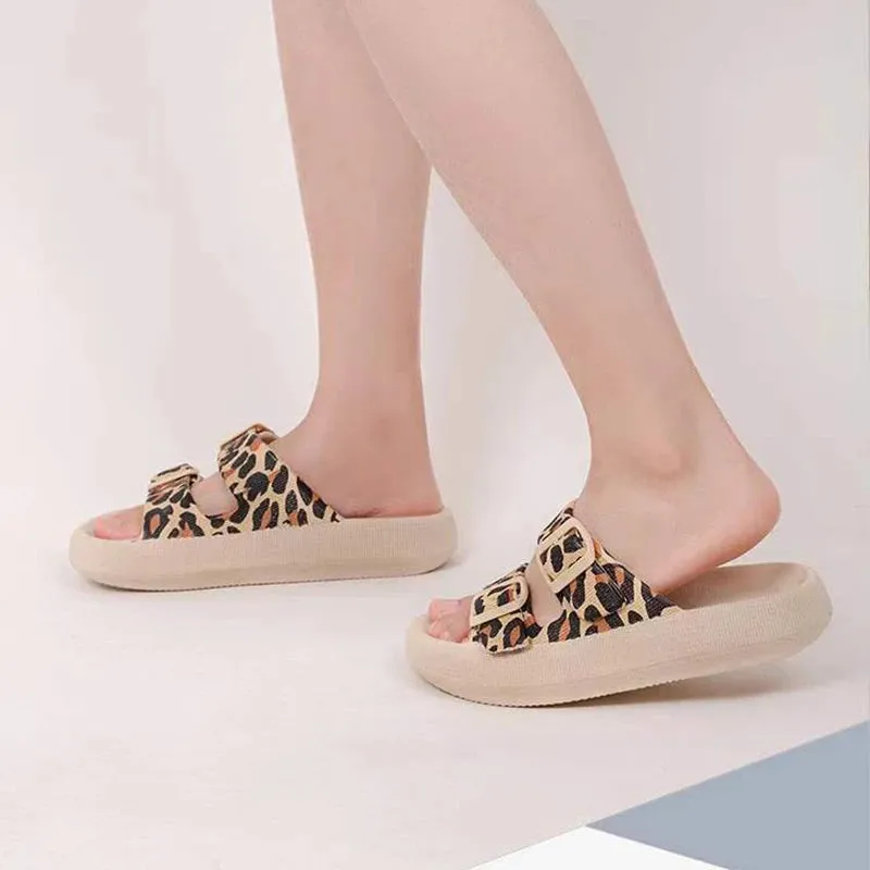 Hnzxzm Fashion Leopard Print Cloud Slippers for Women Summer Adjustable Buckle Pillow Slides Woman Thick Bottom Non-Slip Beach Shoes