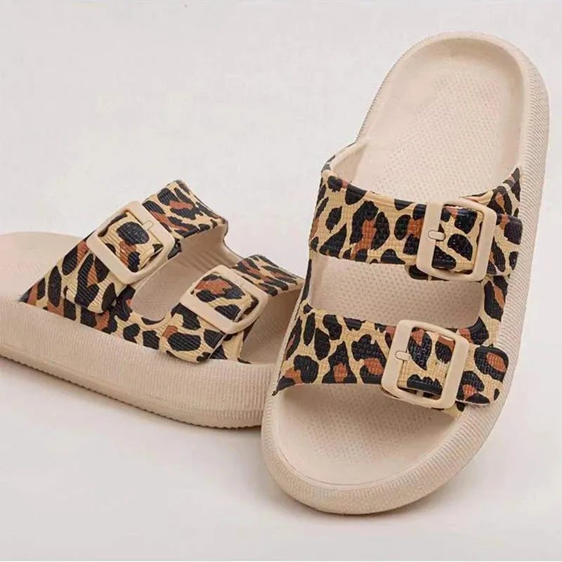 Hnzxzm Fashion Leopard Print Cloud Slippers for Women Summer Adjustable Buckle Pillow Slides Woman Thick Bottom Non-Slip Beach Shoes