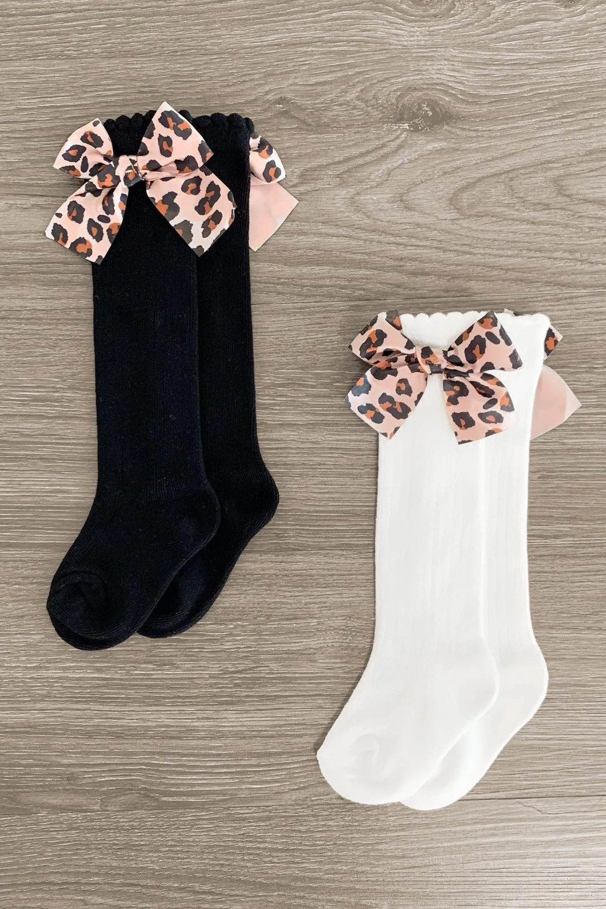 Knee High Silk Leopard Bow Socks