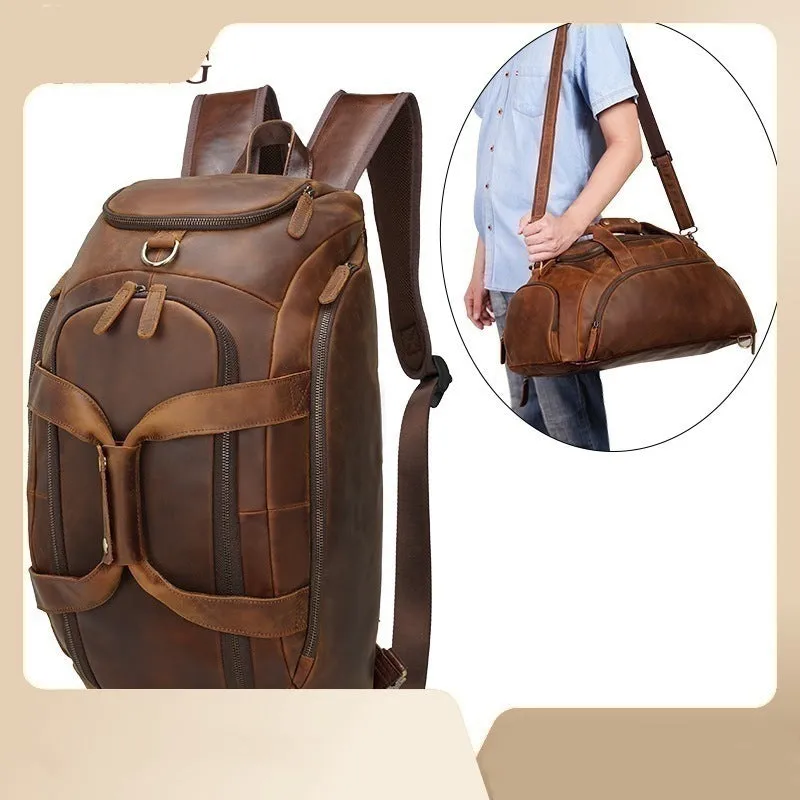 Leather Convertible Backpack Duffle Bag With Shoe Compartment